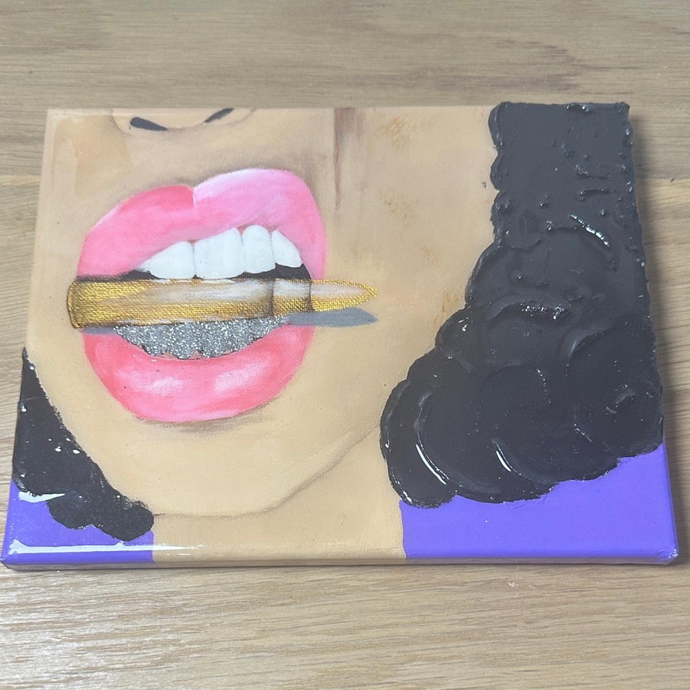 Bite the Bullet Vibrant Art Canvas with Pink and Black Accents - Signed